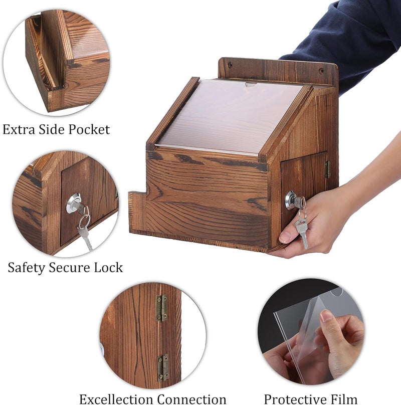 BTSKY Wood Suggestion Box With Lock Wall Mounted Donation Box with 5"x7" Acrylic Sign Slot Office Ballot Boxes with Side-Pocket Collection Boxes for Voting Locking Mailbox Suggestion Comment Box, Wood - Image 5
